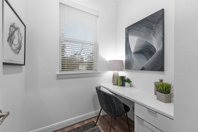 office with hardwood / wood-style flooring and built in desk