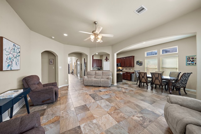 living room with ceiling fan