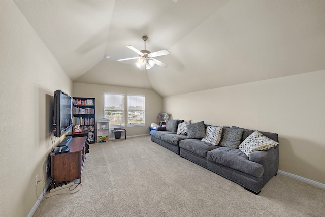 carpeted living room featuring lofted ceiling and ceiling fan