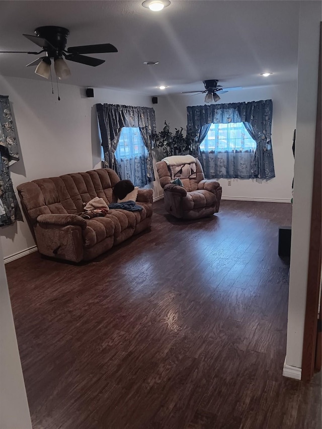 living room with dark hardwood / wood-style flooring