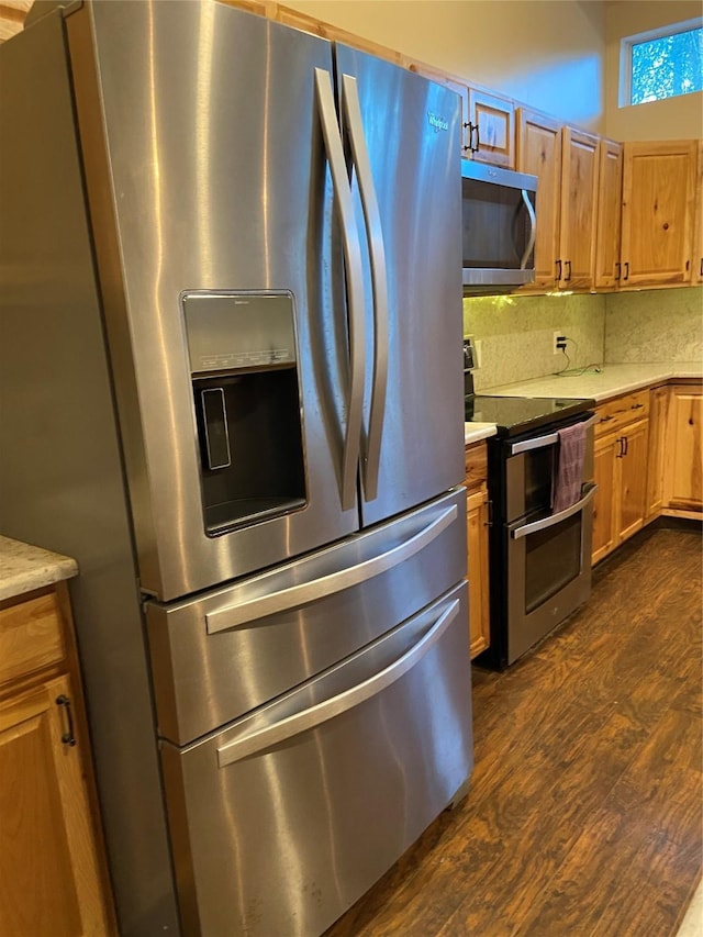 kitchen featuring tasteful backsplash, dark hardwood / wood-style floors, and appliances with stainless steel finishes