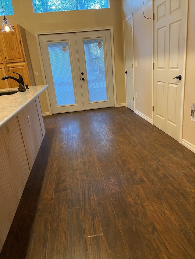 interior space featuring dark wood-type flooring, sink, and french doors