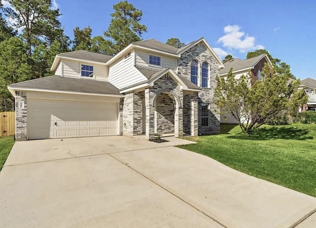 view of front of house featuring a garage and a front lawn