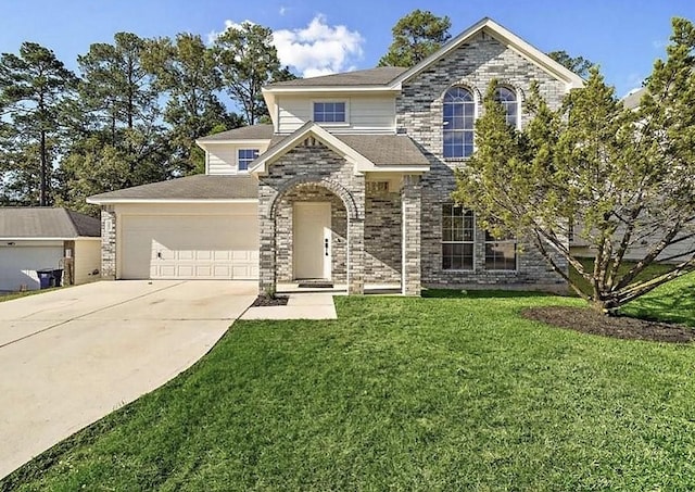 front facade with a front yard and a garage