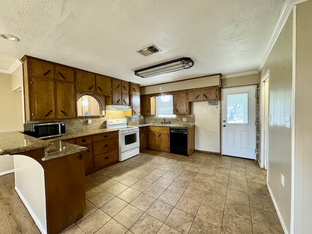 kitchen with black dishwasher, white range with electric cooktop, kitchen peninsula, dark stone counters, and ornamental molding