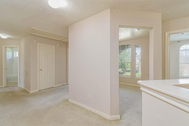 hallway featuring plenty of natural light, light colored carpet, and a textured ceiling