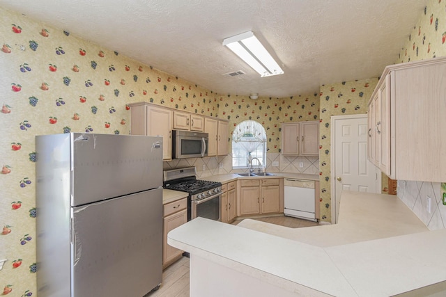 kitchen featuring sink, kitchen peninsula, a textured ceiling, decorative backsplash, and appliances with stainless steel finishes