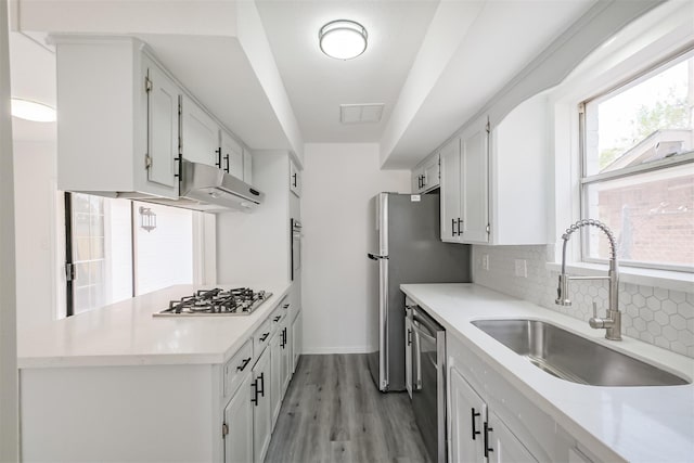 kitchen featuring appliances with stainless steel finishes, white cabinetry, sink, backsplash, and light hardwood / wood-style flooring