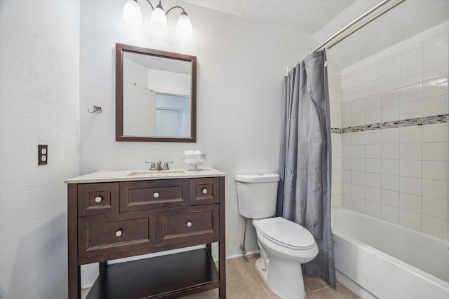 full bathroom with shower / bath combination with curtain, tile patterned floors, vanity, a textured ceiling, and toilet