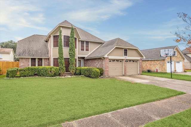 view of front of home featuring a front yard and a garage