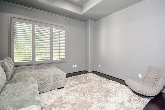 sitting room featuring crown molding, wood-type flooring, and a raised ceiling