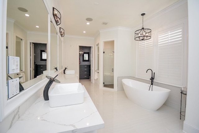 bathroom featuring ornamental molding, plus walk in shower, a chandelier, and vanity