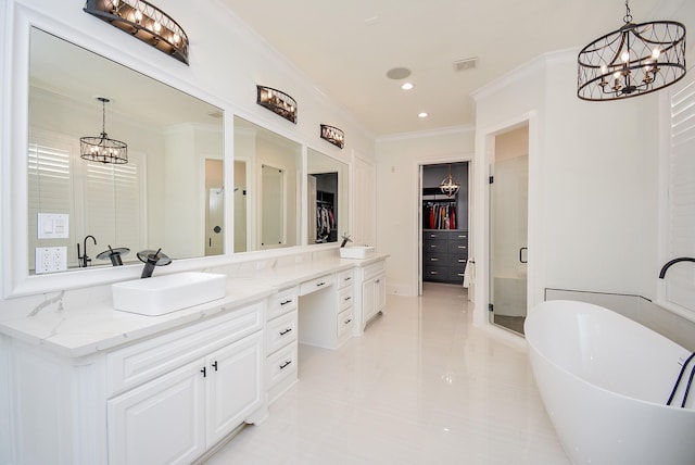 bathroom with vanity, crown molding, and plus walk in shower