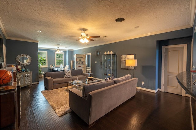 living room with a textured ceiling, dark hardwood / wood-style flooring, ceiling fan, and ornamental molding