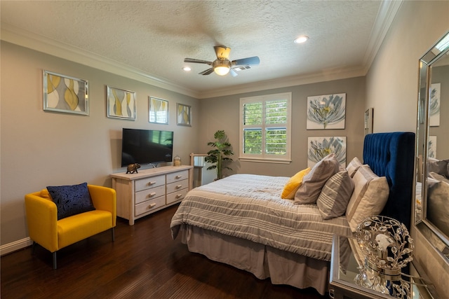 bedroom featuring a textured ceiling, crown molding, ceiling fan, and dark wood-type flooring