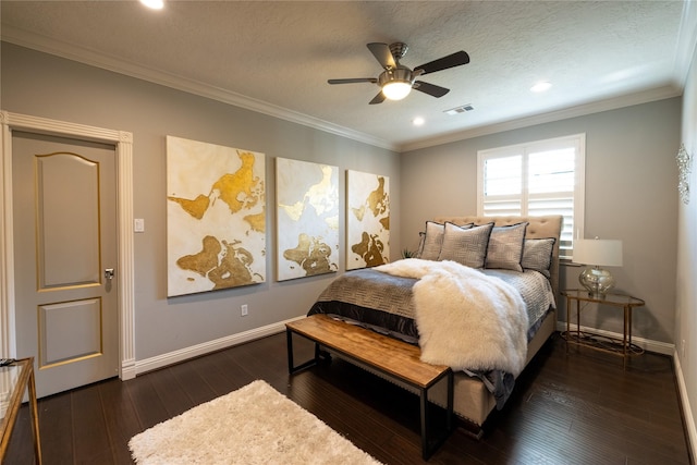 bedroom with a textured ceiling, ceiling fan, crown molding, and dark hardwood / wood-style floors