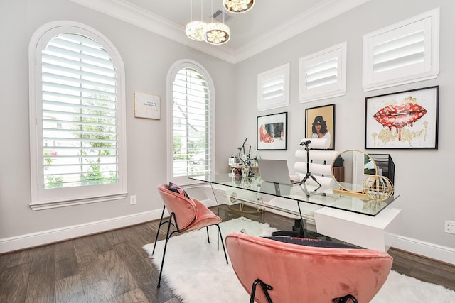 home office with crown molding and dark wood-type flooring