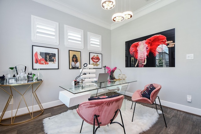 home office featuring ornamental molding, dark wood-type flooring, and a chandelier