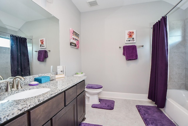 full bathroom featuring vanity, vaulted ceiling, shower / tub combo with curtain, tile patterned flooring, and toilet