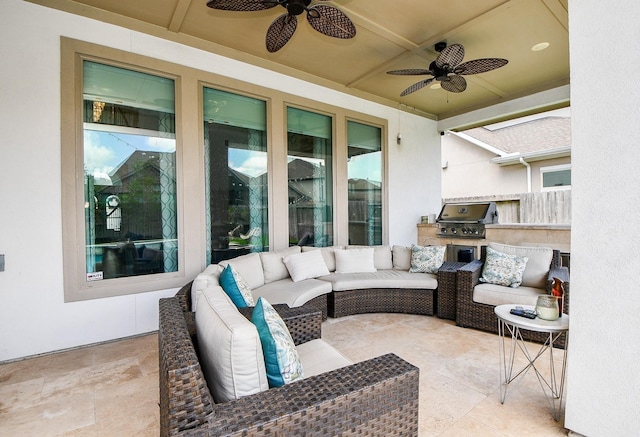 view of patio / terrace with ceiling fan, a grill, and an outdoor hangout area