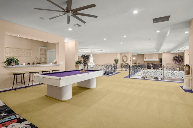 playroom featuring light carpet, ceiling fan, and pool table