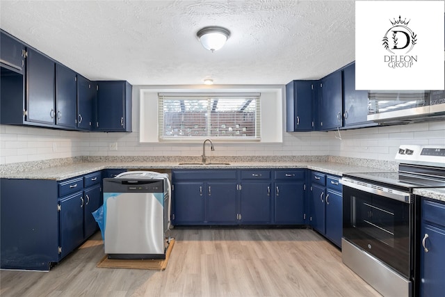 kitchen with sink, light hardwood / wood-style flooring, blue cabinets, a textured ceiling, and appliances with stainless steel finishes