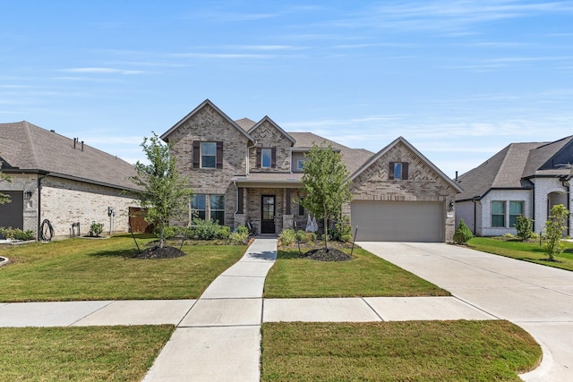 french country inspired facade featuring a garage and a front lawn