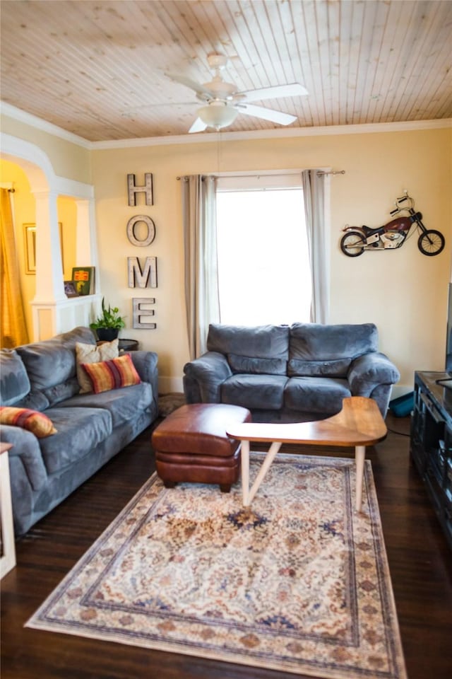 living room with crown molding, dark wood-type flooring, and wood ceiling