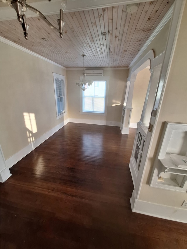 interior space featuring dark hardwood / wood-style floors, wood ceiling, ornamental molding, and a chandelier