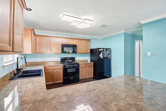 kitchen with black appliances, crown molding, sink, and a textured ceiling