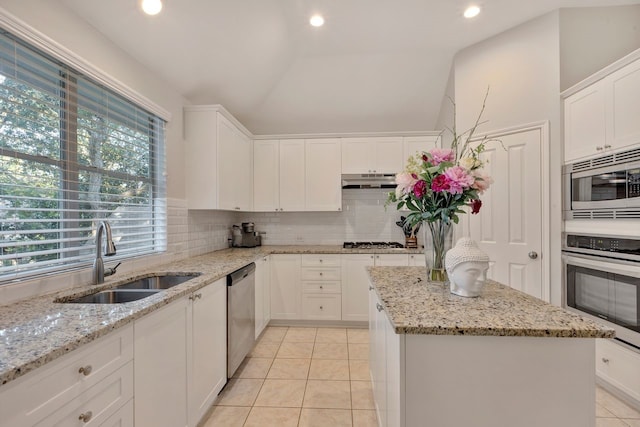 kitchen with light stone countertops, lofted ceiling, sink, and stainless steel appliances