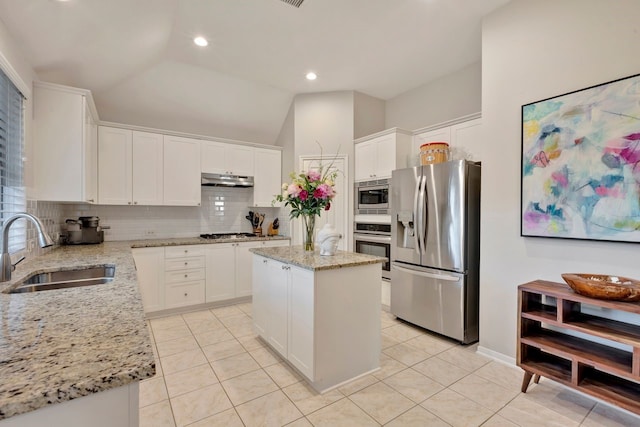 kitchen featuring tasteful backsplash, light stone counters, stainless steel appliances, sink, and a kitchen island