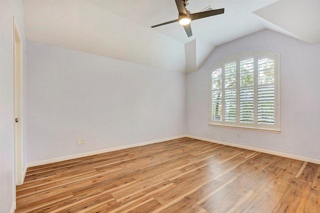 unfurnished room featuring light wood-type flooring, ceiling fan, and lofted ceiling