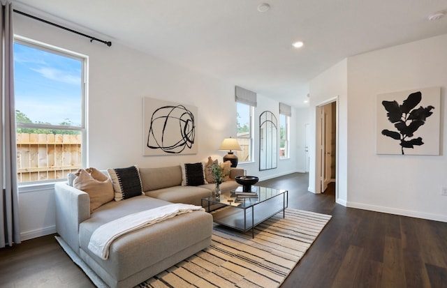 living room featuring dark hardwood / wood-style floors and plenty of natural light