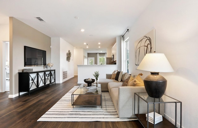 living room with dark hardwood / wood-style floors