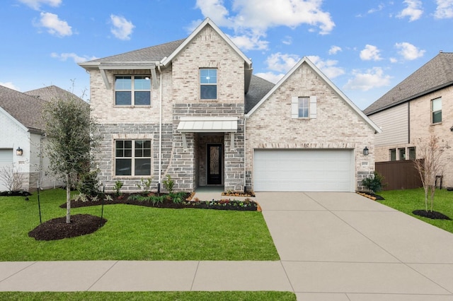 view of front of house featuring a front lawn and a garage