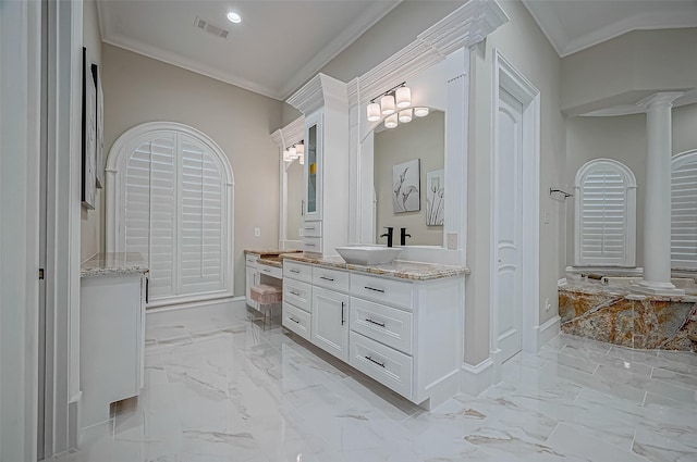 bathroom with visible vents, marble finish floor, ornamental molding, and decorative columns