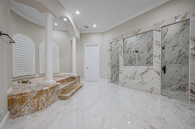 full bathroom with a marble finish shower, ornamental molding, decorative columns, a bath, and marble finish floor