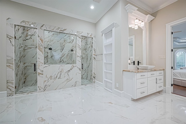 ensuite bathroom featuring vanity, marble finish floor, a marble finish shower, and ornamental molding