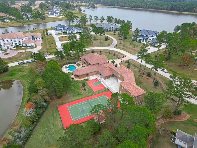 aerial view featuring a residential view and a water view