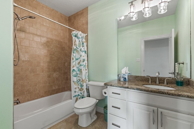 full bathroom with tile patterned floors, a textured ceiling, toilet, shower / tub combo with curtain, and vanity