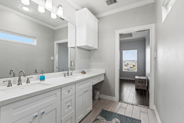 bathroom featuring vanity, a wealth of natural light, and crown molding