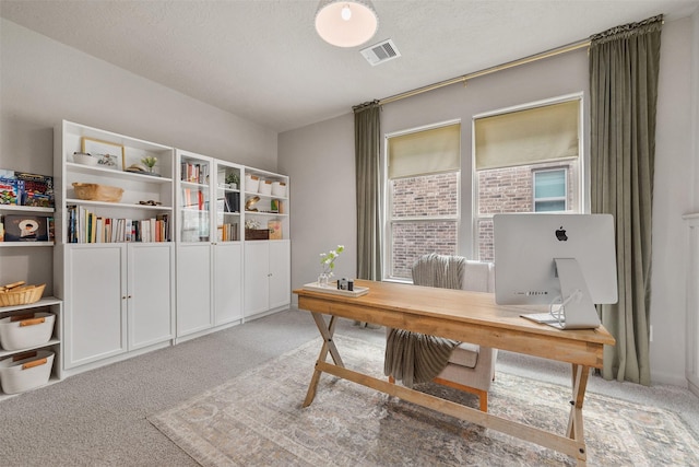 carpeted office space featuring a textured ceiling