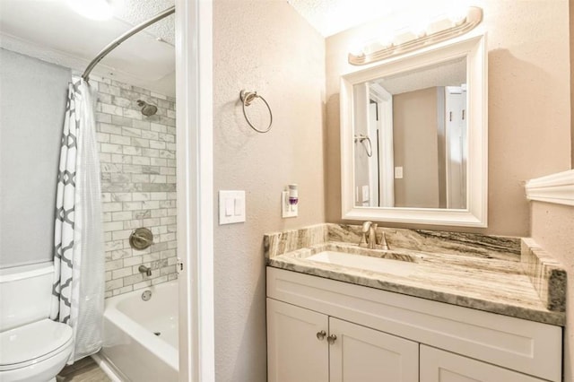 full bathroom with shower / bathtub combination with curtain, crown molding, a textured ceiling, toilet, and vanity