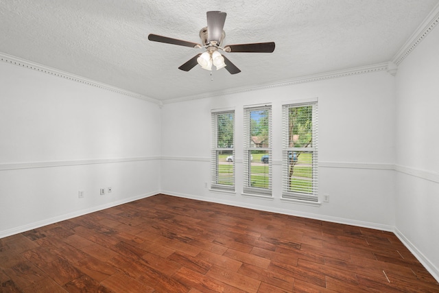 spare room featuring a textured ceiling, hardwood / wood-style flooring, ceiling fan, and crown molding