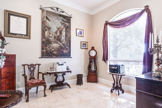 sitting room with ornamental molding