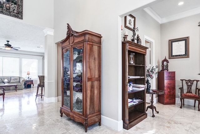 hallway featuring ornamental molding