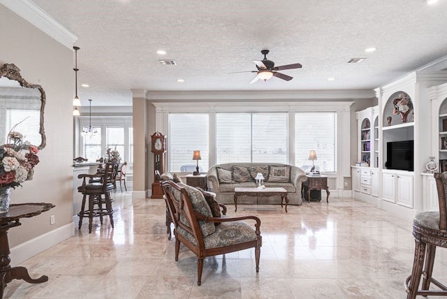 living room with crown molding, a textured ceiling, and ceiling fan