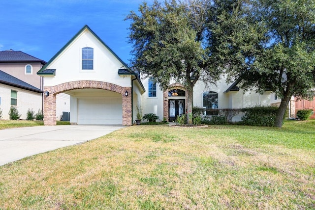 view of front facade with central AC and a front yard