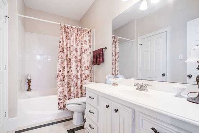 full bathroom with shower / bath combo with shower curtain, toilet, tile patterned floors, and vanity